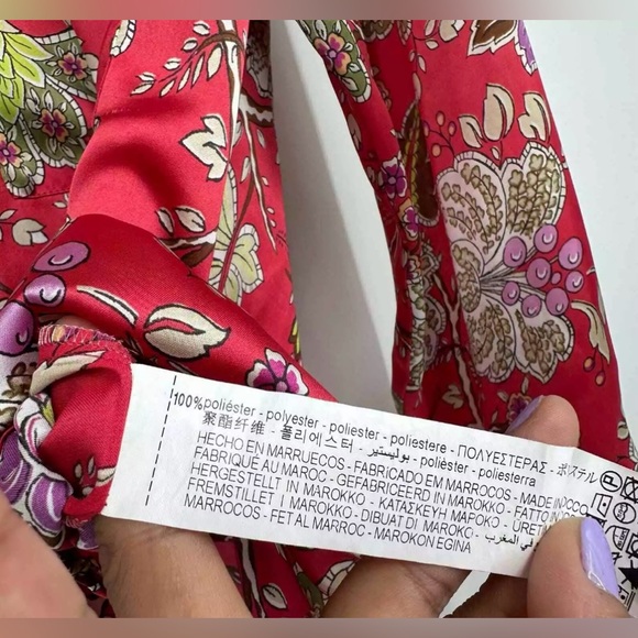 Zara Red Floral Satin Button-Up Shirt | Large | Green, Yellow, Black Detail - Picture 3 of 8